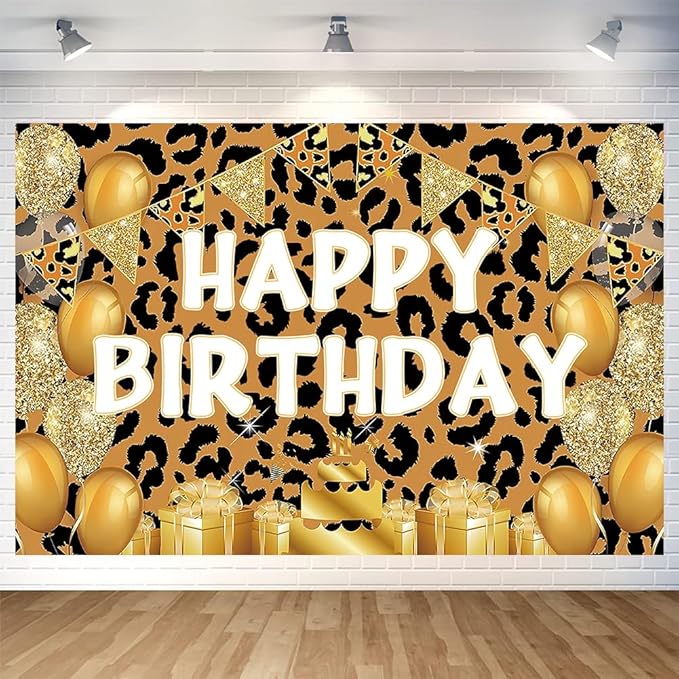 Leopard Print Happy Birthday Backdrop Decorations Cheetah Print Banner Leopard Photo Background for Home Indoor Outdoor Birthday Party Decorations Supplies 70.8 x 47.2 Inch