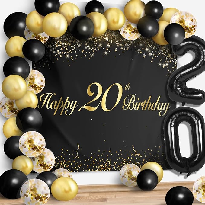 Happy 20th Birthday Balloons Black Set Decor - Cheers to 20 Years Old Party Theme Garland Banner Backdrop Decorations For Women and Men Supplies
