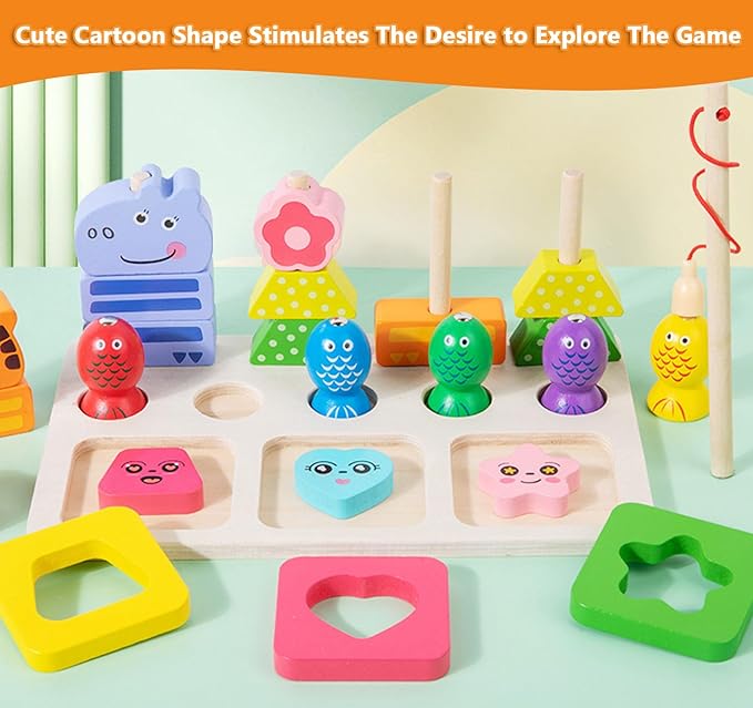 Wooden Montessori Toys for 3 Year Old，Shape Sorter Stacking Games, Fishing Games Preschool Learning Educational Toys for Boys Girls Toddlers (Animal)
