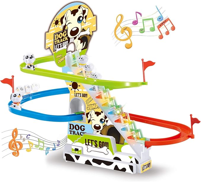 Dalmatian Racer Climbing Stairs Slide Toy - Spotty Dog Race Track Puppy Chasing Roller Coaster Game Set with LED Lights and Music for Toddlers, Kids