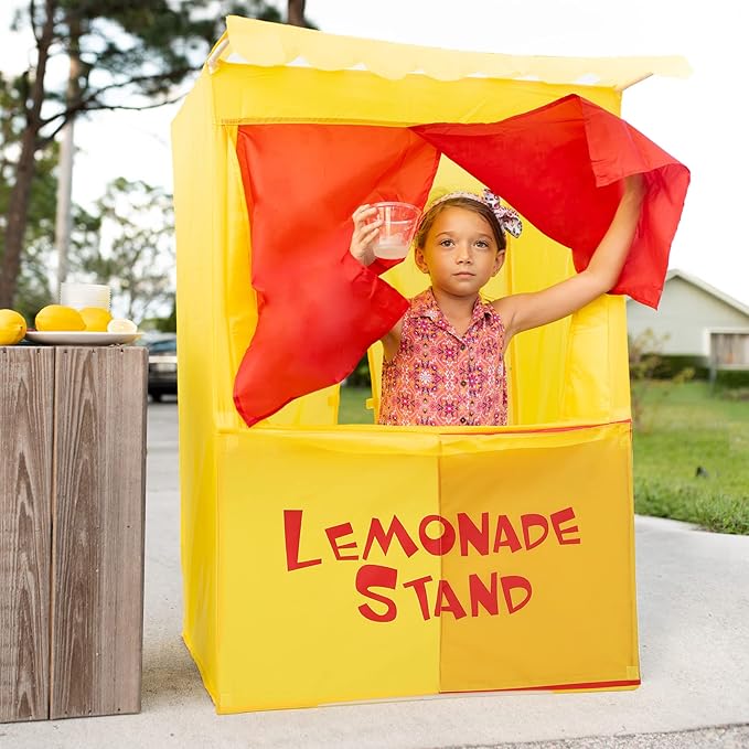 Alvantor® Lemonade Stand Puppet Show Theater Pretend Playhouse Tent Kids on Stage Doorway Table Top Sets for Toddlers Curtain Fordable Rods Children Dramatic Furniture, 28"X20"X41"H, Yellow