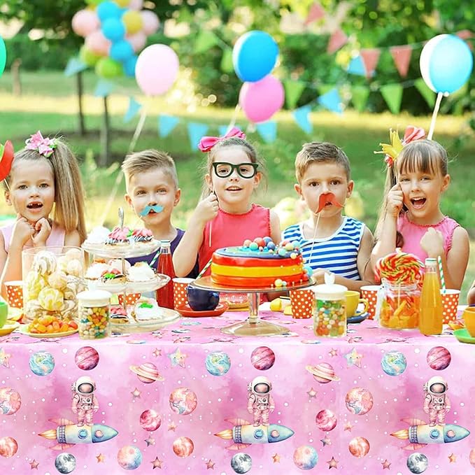 51 Pcs Outer Space Girls 2nd Birthday Party Supplies - Two The Moon Decorations & Tableware Includes Table Cloth, Plates, Napkins, Forks for Pink Space Two Years Old Party
