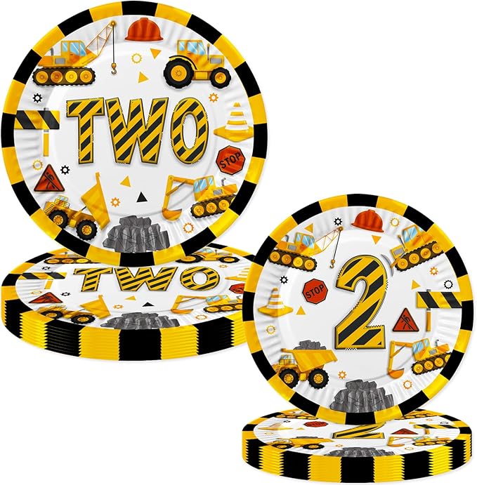 Letromp 80 Pcs Construction 2nd Birthday Decorations Construction Two Years Old Disposable Paper Dinner Plates Napkins Forks Dinnerware for Dump Truck Theme 2nd Bday Party Supplies Decorations