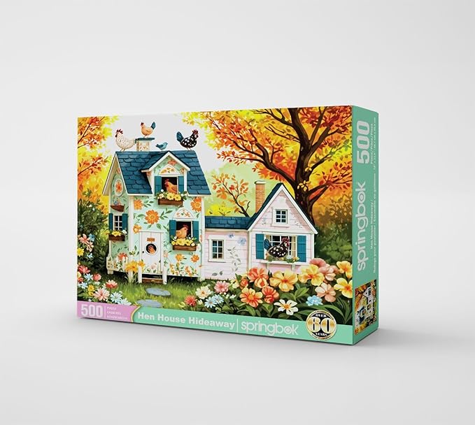 Springbok Hen House Hideaway 500 Piece Jigsaw Puzzle for Adults - Floral Chicken Coop - Unique Cut Pieces - Made in USA
