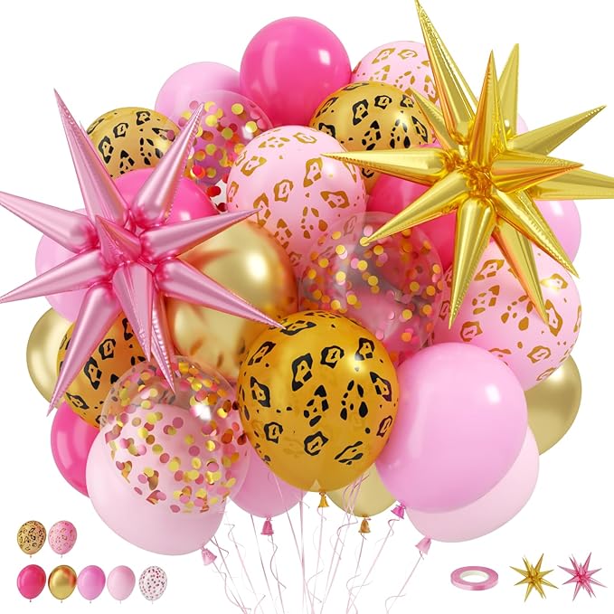 Hot Pink Cheetah Print Balloon, 12 Inch Pink Gold Balloons with Leopard Print Balloons Confetti Star Balloon Leopard Jungle Animal Decorations for Cheetah Theme Birthday Cherry Vintage Party Supplies
