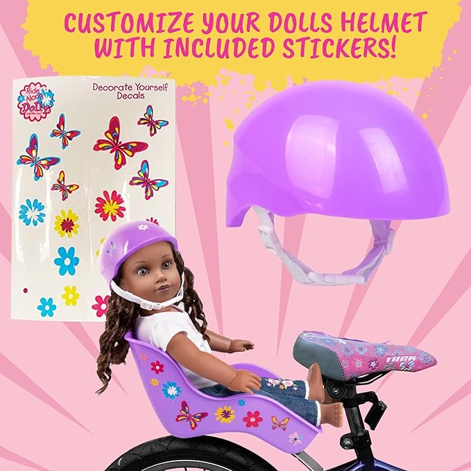 Purple Bike Helmet for 18" Dolls - Includes Doll Bicycle Helmet w Decorative Decal Stickers Accessory