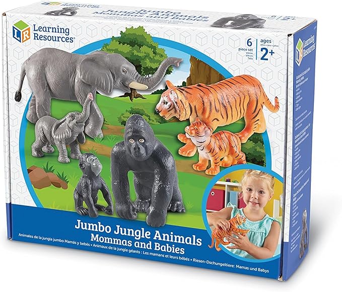 Learning Resources Jumbo Jungle Animals: Mommas and Babies - Elephant, Gorilla, Tiger, Zoo Animals, Pretend and Play, Fine Motor Skills