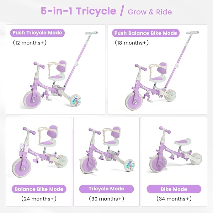 5-in-1 Tricycle for Toddlers 1-3, Convertible Toddler Bike with Push Handle & Removable Pedals, Balance Bike with Colorful Lighting Wheels, Adjustable Seat Height with Backrest (Purple)