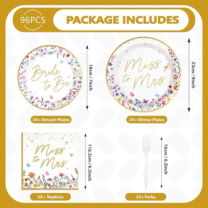 96Pcs Wildflower Bridal Shower Party Supplies Watercolor Floral Miss to Mrs Plates and Napkins Gold Foil Tableware Sets Bride to Be Decorations for Women Wedding Engagement Party Favor Serve 24