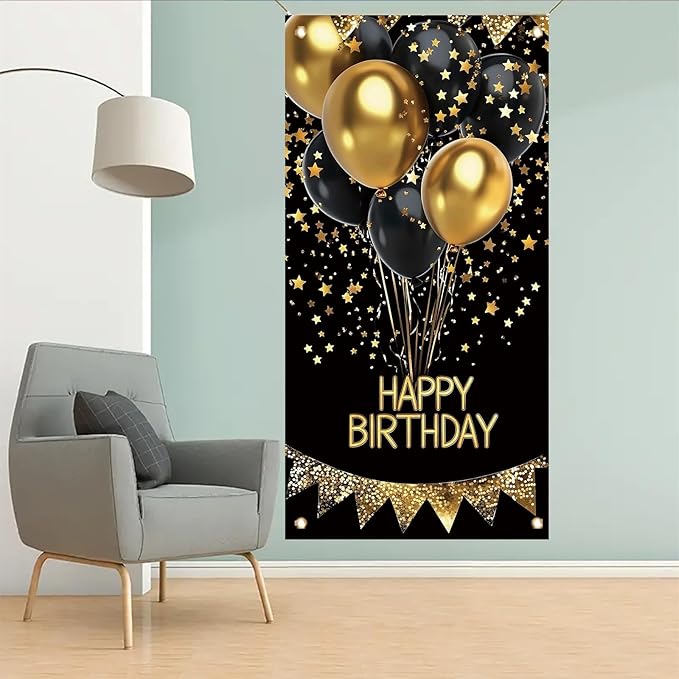 Happy Birthday Door Banner Decorations - Black and Gold Birthday Door Cover for Men Women, 35" x 71" Vertical Front Door Hanging Sign, Reusable Party Supplies for 18th 21st 30th 40th 50th 60th