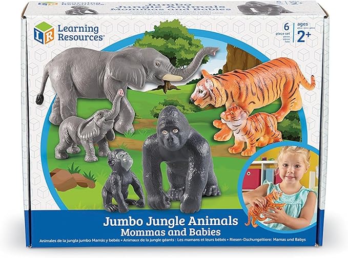 Learning Resources Jumbo Jungle Animals: Mommas and Babies - Elephant, Gorilla, Tiger, Zoo Animals, Pretend and Play, Fine Motor Skills