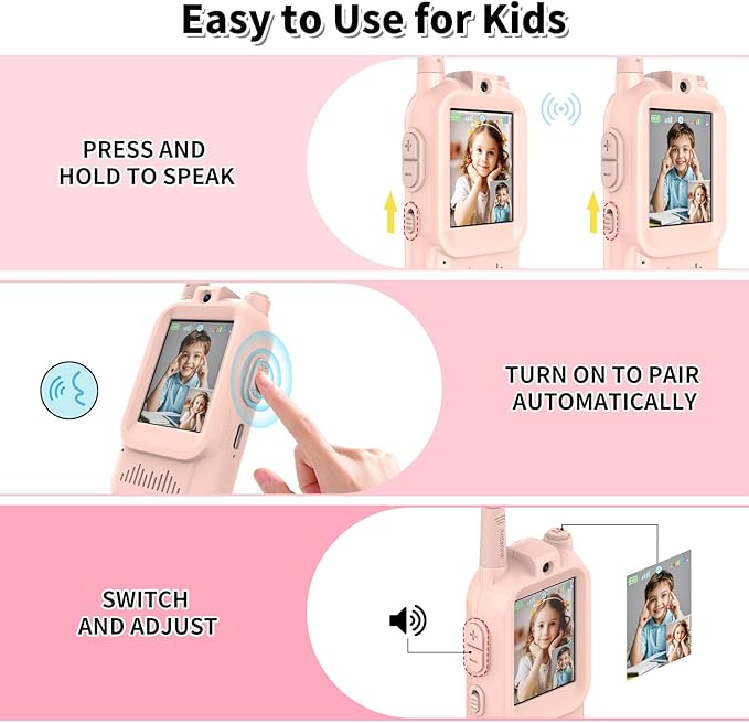 Video Walkie Talkies for Kids, Handheld 2 Pack Rechargeable Kids Video walkie talkies,Long Range Ideal for Family Games, Outside, Camping, Hiking (Pink)