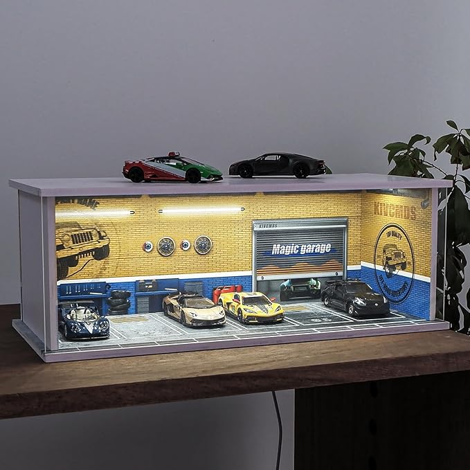 1:64 Scale Car Model Display Case for Hot Wheels,Matchbox Cars,Parking lot with Lights(Repair Store Scene Contains 6 Parking Spaces)