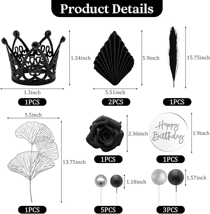 Knana 25Pcs Silver Black Balls Cake Topper Birthday Cake Topper Palm Leaves Cake Decorations for Silver Black Theme Baby Shower Birthday Party Supplies