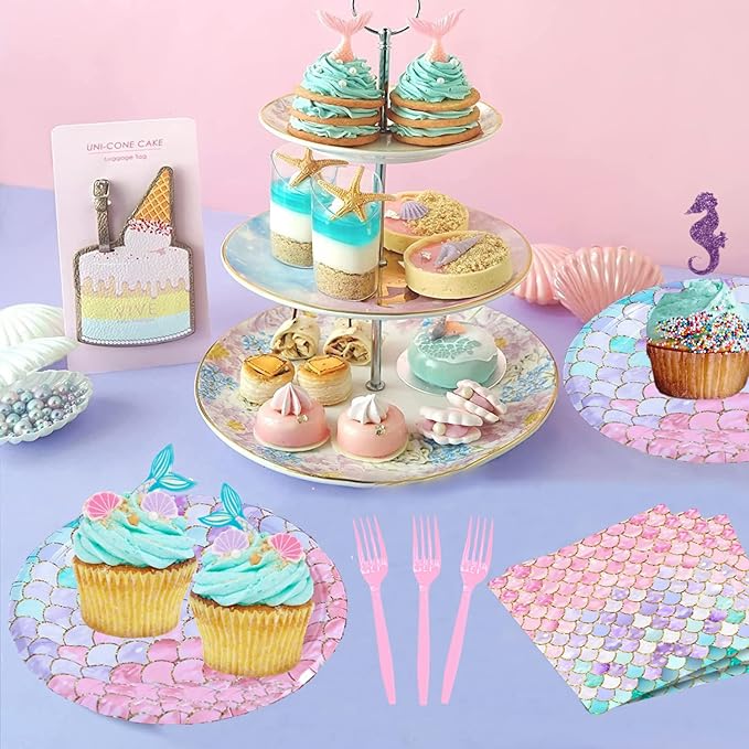 96 Pcs Mermaid Birthday Party Decorations Plates Set for 24 Guests,Little Mermaid Party Supplies Ocean under the Sea Tableware Plate, Fork, Napkins for Princess Girls Baby Shower