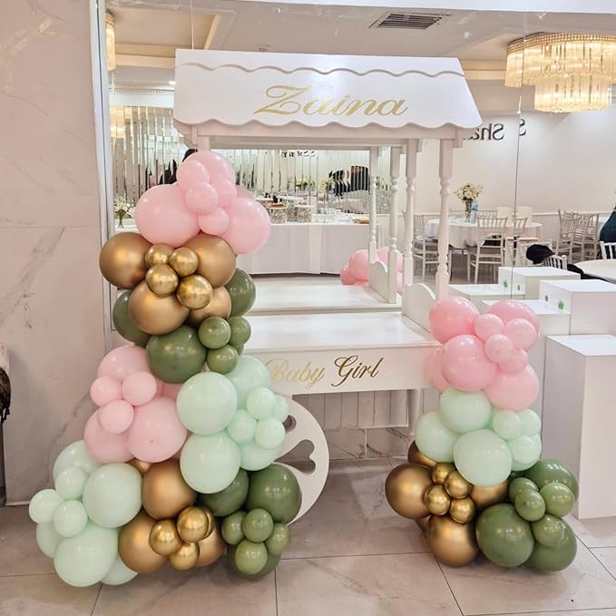 Pink and Green Birthday Decorations,Sage Green Retro Pink Balloons Decor Happy Birthday Banner Star Heart Foil Balloon Cake Topper Party Supplies for Women Girl Boys Baby Shower