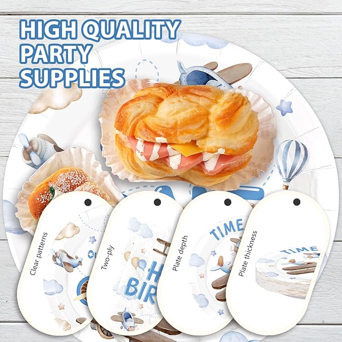 96Pcs Time Flies 1st Birthday Party Decorations Airplane 1st Birthday Plates and Napkins Sets Airplane Theme First Decorations for Boys Girls One Year Old Baby Shower Party Supplies Serves 24