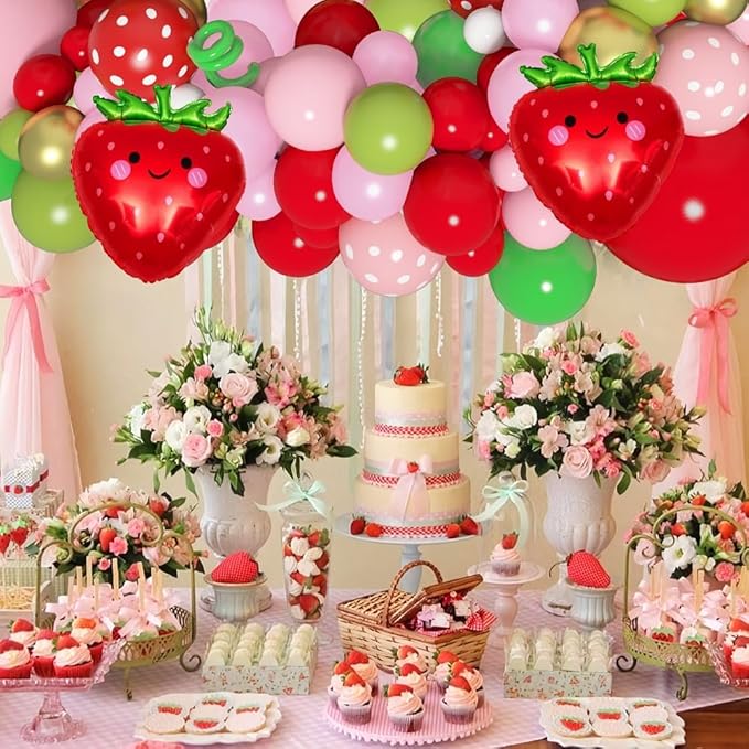 Amandir 162Pcs Strawberry Birthday Party Decorations Strawberry Balloons Garland Arch Kit Berry First Birthday Party Supplies for Girls Summer Fruit Party Decor