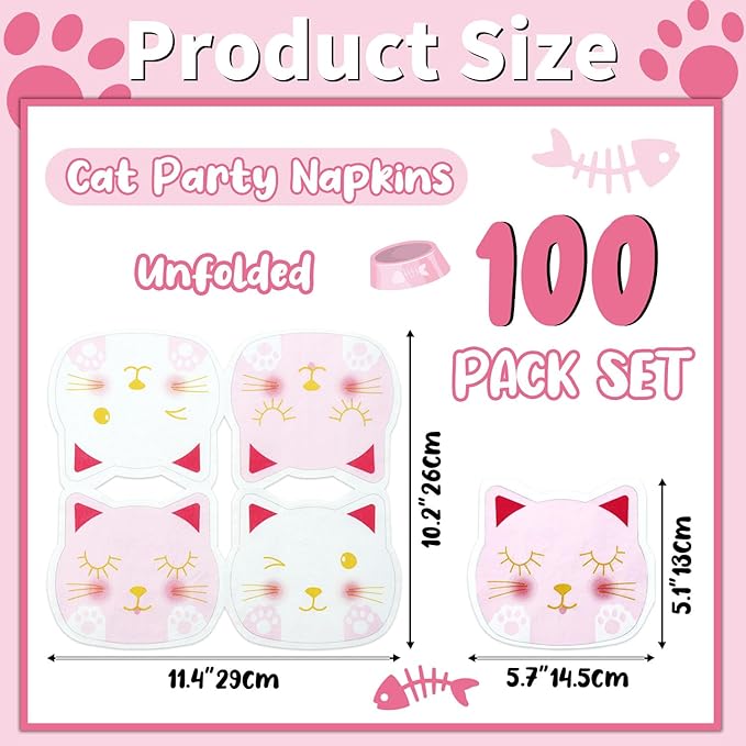 100Pcs Cat Napkins, 10.2 x 11.4 Inches Cute Kitty Party Napkin, Pink White Paw Print Paper Napkins, Cat Birthday Decorations Kitten Napkin for Kids Pet Kitty Birthday Party Supplies