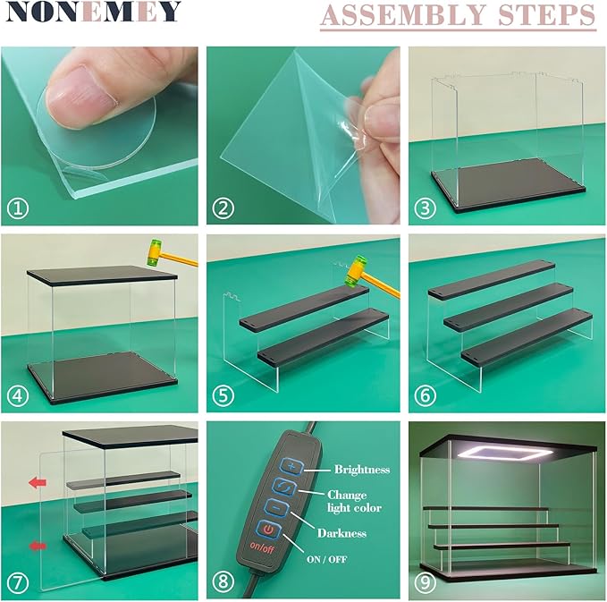 NONEMEY Clear Acrylic Display Case Stand with LED Light 2/3/4/5/6 Tier Storage Box Showcase Dustproof Organizer Box for Collectibles (4Tier 12.4*9.6*10.4inch)