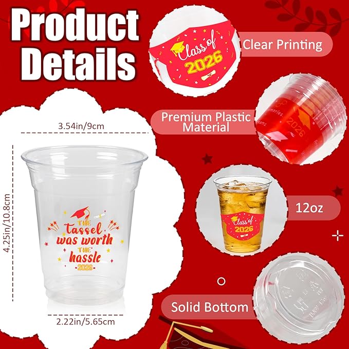 GuassLee Red Gold Graduation Decorations 2026 Party Cups - 50pcs 12 Oz Red and Gold Disposable Graduation Plastic Clear Cups for Drinks Class of 2026 Grad Party Supplies