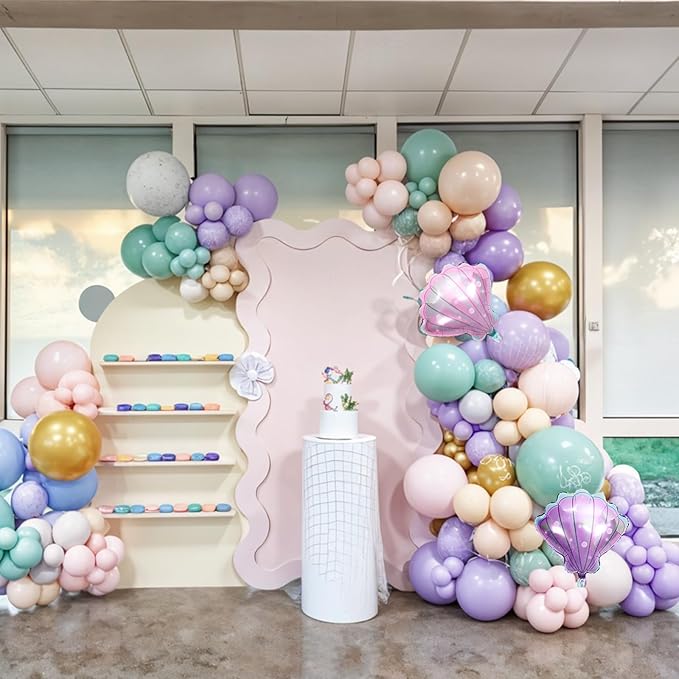 Mermaid Balloons, Macaron Pink Purple Green Metallic Balloons with Seashell Balloon for Girl Birthday Party Decorations Sea Theme Baby Shower Party Backdrop Supplies
