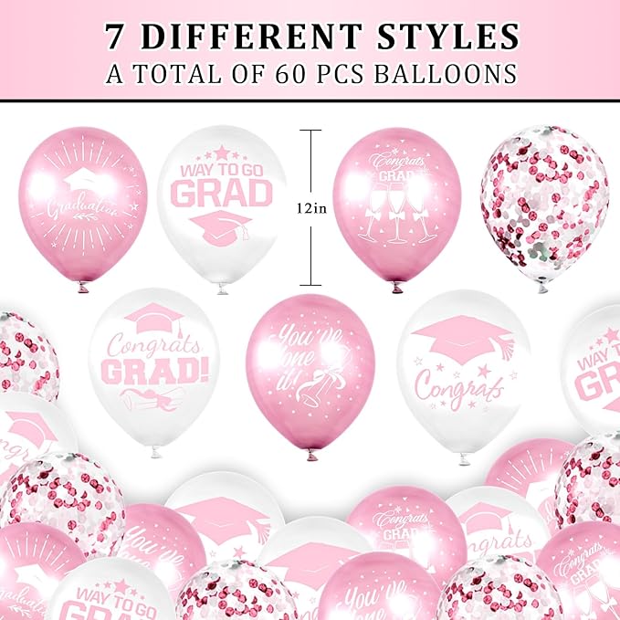 Whaline 60Pcs Graduation Party Balloon Set 7 Designs Confetti Latex Balloon with 2 Rolls Ribbon Grad Cap Congrats Grad Balloon for Graduation Party Decoration Supplies (Pink, White)