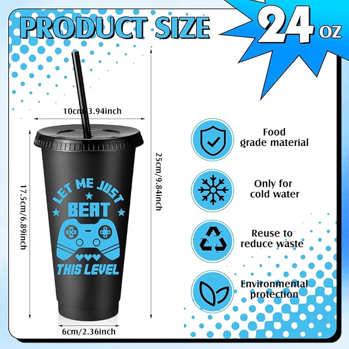 16 Pcs Video Game Plastic Cups Gaming Party Favor with Lids and Straws 24 oz Gamer Reusable Tumbler Water Mug for Fun Video Birthday Party Supplies for Adults (Black Blue)
