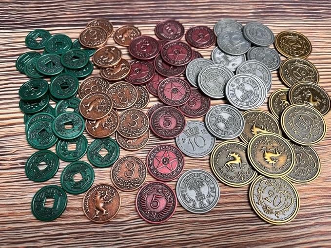 Stonemaier Games: Metal Coins (Scythe and Expeditions) | Metal Coins to Enhance Your Gameplay | 80 Coins with Unique Colors and Sides for Each Denomination - Values Include 1, 3, 5,10, and 20