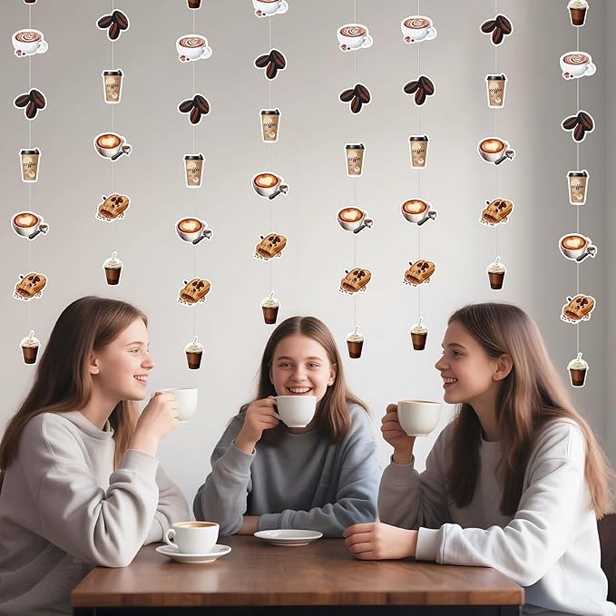 8Pcs Coffee Theme Streamers, Coffee Bean Cup Paper Garland for Birthday Baby Bridal Shower Bachelorette Latte Party, Cafe Shop Bar Hanging Decorations Supplies