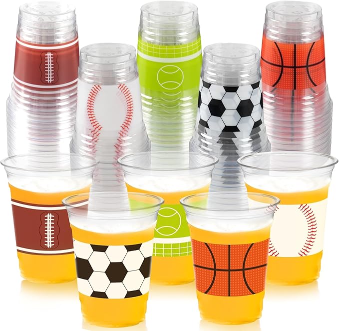 100Pcs Sports Party Decoration Cups, 12Oz Sports Plastic Disposable Cups for Football Soccer Basketball Baseball Birthday Party Decorations Supplies Favors