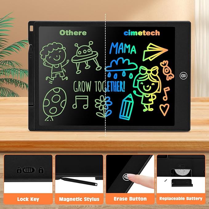 cimetech LCD Writing Tablet, Toys Gifts for 3-8 Year Old Girls Boys, 12 Inch Colorful Drawing Pad for Kids Doodle Board, Christmas Stocking Stuffers Birthday Gifts for Toddler Travel Activities, Black