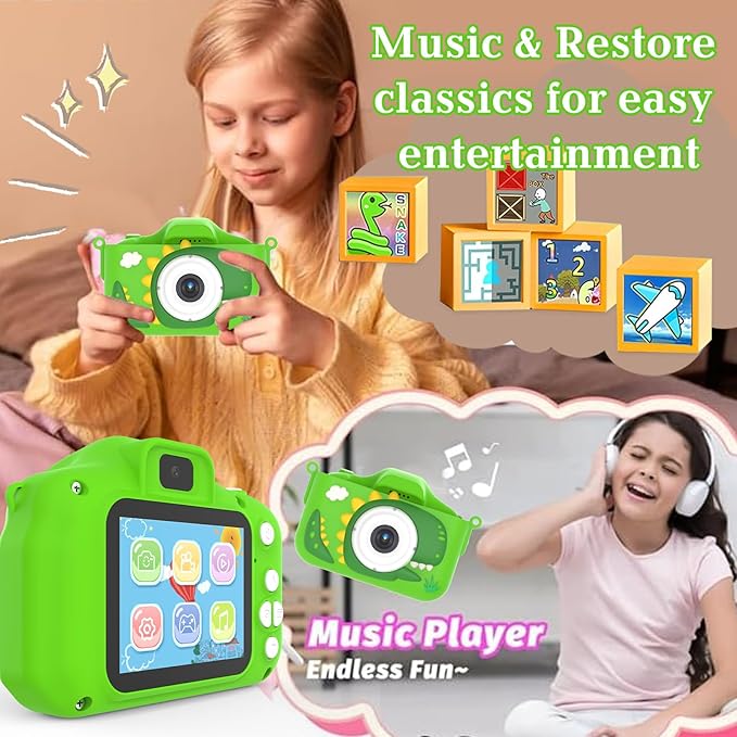 Kids Camera for 3-9 Year Old Boys Girls, Children Digital Camera with Cute Cartoon Soft Cover & 32GB SD Card, Best Christmas Birthday Gifts for Grandkids, Halloween Party Favors for Kids - Green