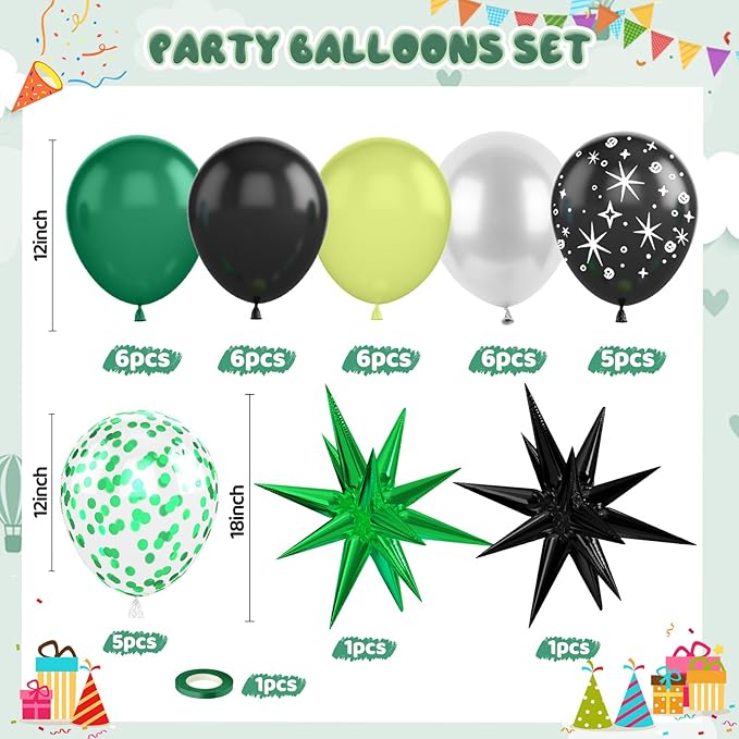 Black and Green Balloons, 12 Inch Space Party Decorations Green Black Silver Galaxy Print Foil Balloons for Alien Space Theme Galaxy Birthday Party Decorations
