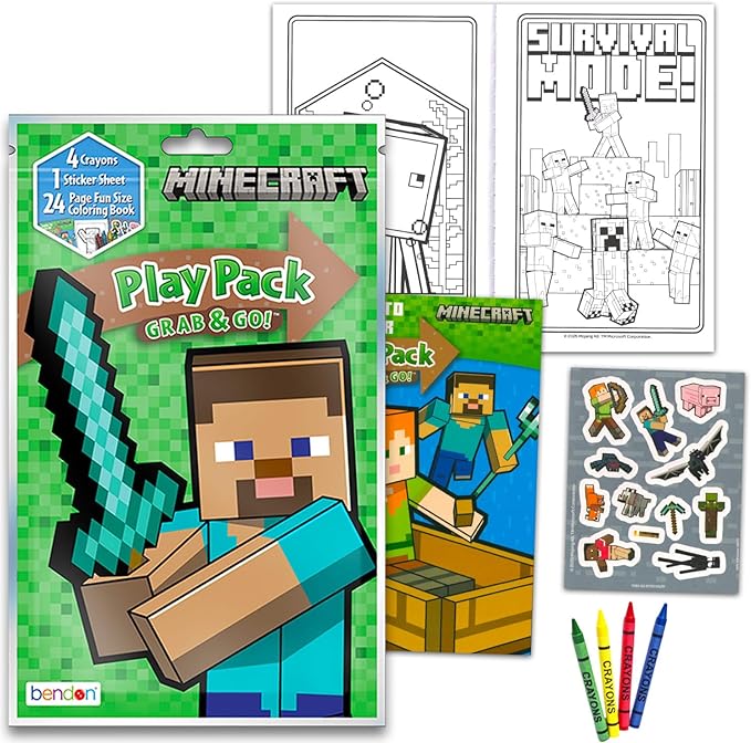 Minecraft Birthday Party Favors and Supplies Bundle - 12 Minecraft Activity Play Packs for Boys, Girls with Mini Coloring Books, Stickers, Loot Bags | Video Game Favors for Kids