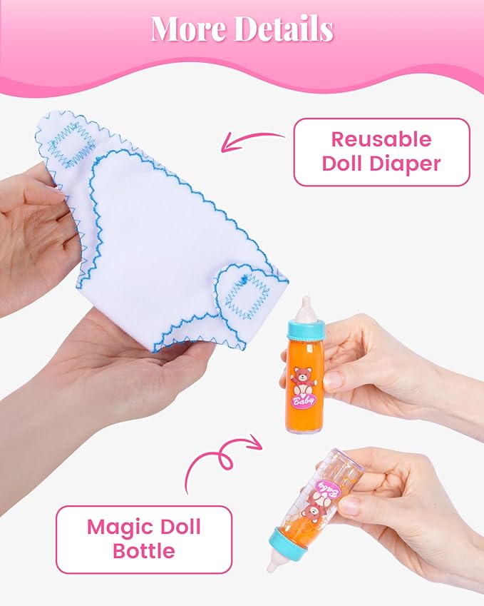 BABESIDE Baby Doll Accessories, Doll Carrier with Magic Bottle, Doll's Diaper, Doll Teddy & Pacifier – Baby Dolls Accessories Set for 12-15 Inch Dolls, Pretend Play Gift for Girls Boys Ages 3+