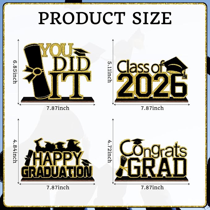 4 Pcs KSKSPE Graduation Decorations Party Supplies Table Centerpieces,Graduation Theme Design and Sturdy Wooden for Graduation Party Favors Decorations,Black