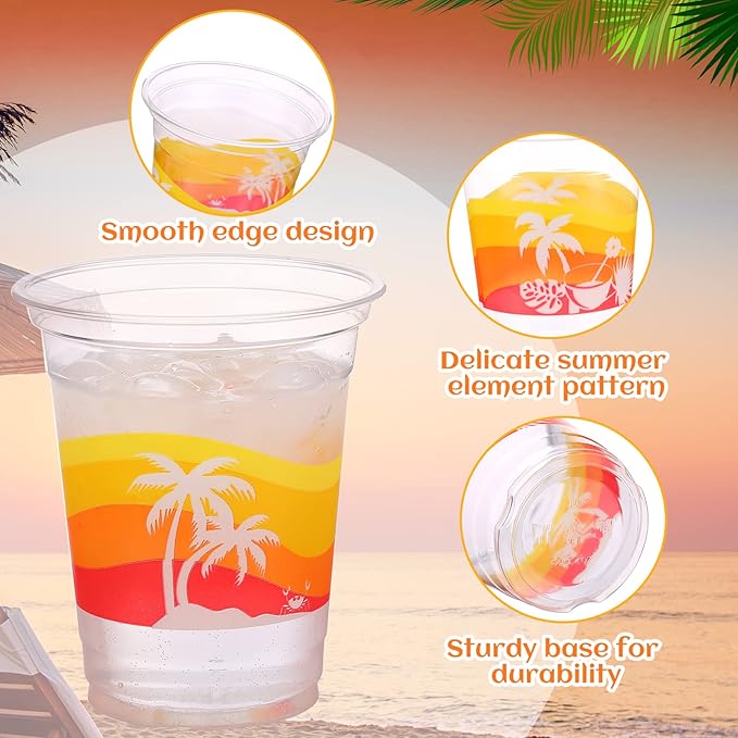 Rtteri 100 Pcs 12oz Luau Cups Plastic Hawaiian Coconut Tree Drinking Cups Bulk Disposable Palm Tree Tiki Drinkware for Summer Beach Party Supplies Luau Hawaiian Decorations(Beach)
