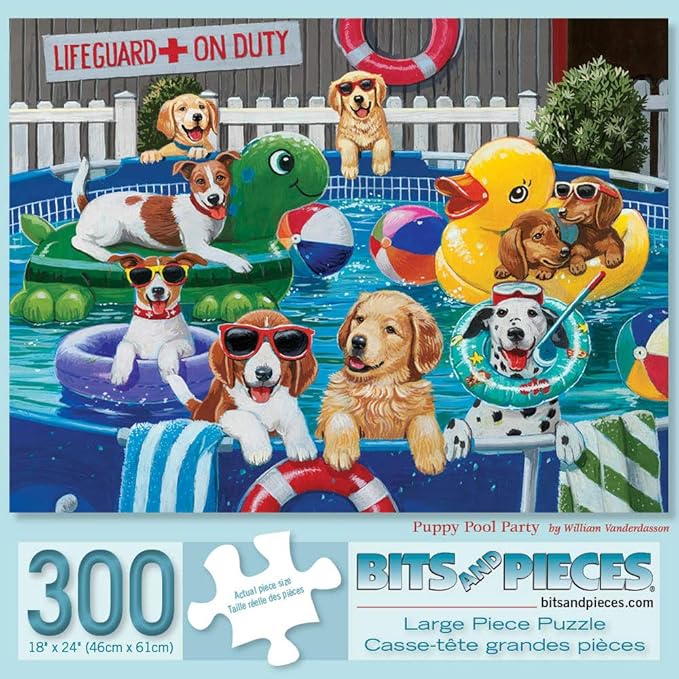 Bits and Pieces – 300 Piece Jigsaw Puzzle for Adults – Puppy Pool Party - Summer Swimming Dog Jigsaw Puzzle by Artist William Vanderdasson, Completed Puzzle Size: 18" x 24"