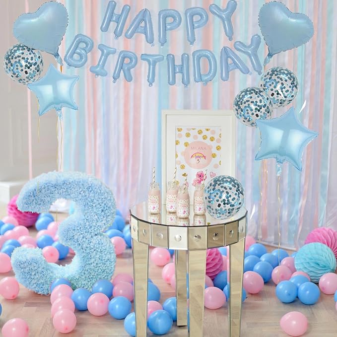27 Pcs Light Blue Birthday Decorations, 3D Letters Light Blue Happy Birthday Balloon Banner, Pentagram Heart Foil Balloons Confetti Balloons Kit For Boys Girls Birthday Party Supplies
