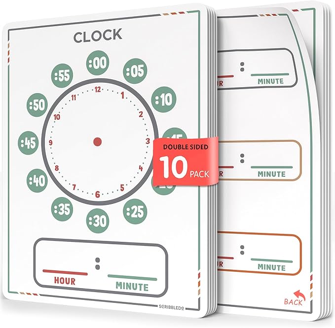 Scribbledo 10 Pack Telling Time Teaching Sheets - 9'x12' Dry Erase Learning Clocks for Kids Homeschooling Supplies