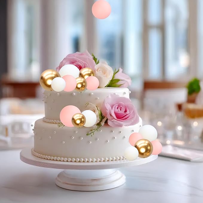 Gyufise 30Pcs Mini Balloon Cake Topper Foam Ball Cake Picks Cupcake Faux Pearl Balls DIY Cake Insert Topper Baking Decoration for Anniversary Graduation Birthday Party Baby Shower White Pink Gold
