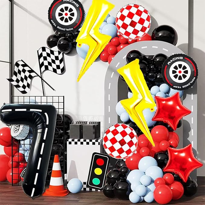 Race Car Birthday Party Decorations Large Lightning Bolt Foil Balloons Race Car Balloons 40 Inch Racetrack Number 7 Balloon for Boys 7th Race Car Birthday Party Decor Supplies