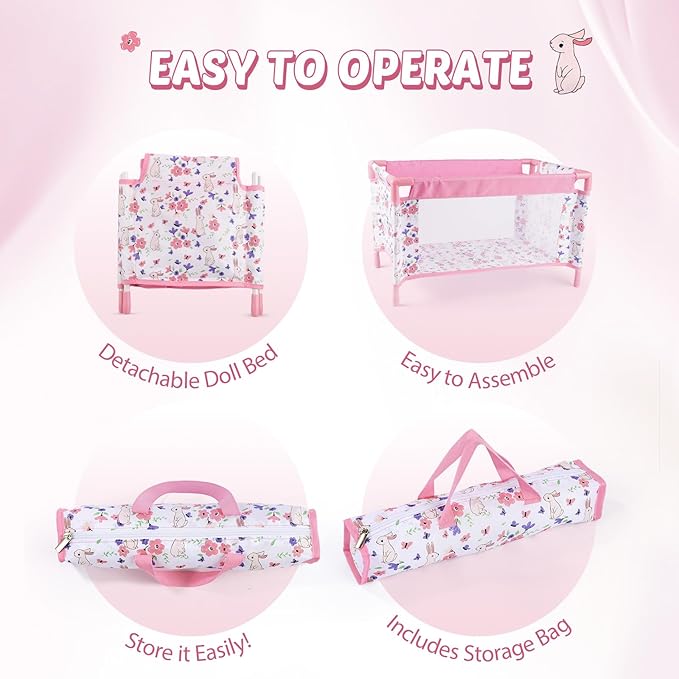 Reborn Baby Dolls Crib, Babys Doll Bed for 18 Inch Baby Dolls, Removable Babys Doll Playpen Toy Crib, Reborn Baby Doll Accessories with Storage Bag, Toy Gift for Kids Ages 3+