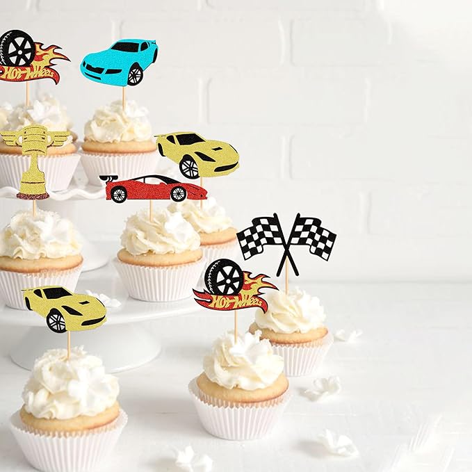 24PCS Race Car Cupcake Toppers Sparkling Trophy Flag Racing Cake Selected Racing Theme, Car Theme Party Supplies Baby Shower Boy Birthday Party Cake Decoration Supplies