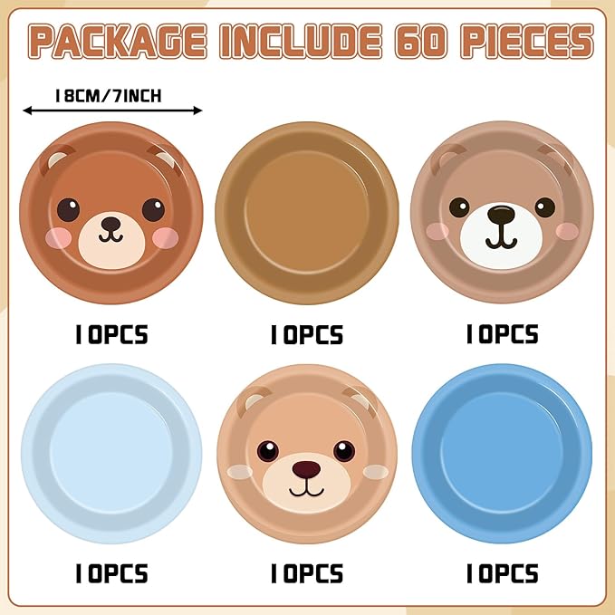60PCS Blue Bear Birthday Party Plates Dusty Blue and Brown Disposable Paper Dessert Plates for Bears Themed Birthday Decorations Party Tableware Set for Gender Reveal Baby Shower Parties Supplies