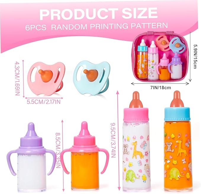 fash n kolor® My Sweet Baby Disappearing Doll Feeding Set, Baby Care 6 Piece Doll Feeding Set - for Toy Stroller | 2 Milk & Juice Bottles with 2 Toy Pacifier for Baby Dolls Set - Kids Gift Set