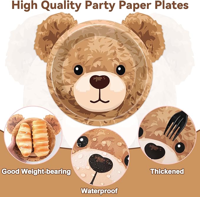 48PCS Bear Shaped Paper Plates Brown Bear Party Supplies We Can Bearly Wait Baby Shower Tableware Brown Theme Dessert Plates for Boys Girls Birthday Baby Shower Gender Reveal Party Decoration