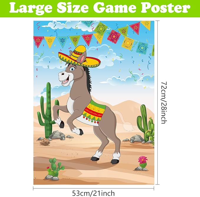PLULON Pin The Tail on The Donkey Birthday Games for Kids Mexican Donkey Game Poster with Tail Stickers Donkey Party Favors Carnival Birthday Fiesta Home Wall Decor Classroom Family Activities