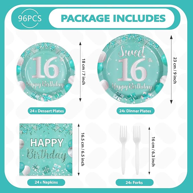 96Pcs Teal 16th Birthday Party Supplies Teal and Silver Sweet 16 Plates and Napkins Tableware Sets Sixteen Party Decorations for Teens Boys and Girls 16 Years Old Birthday Supplies Serves 24